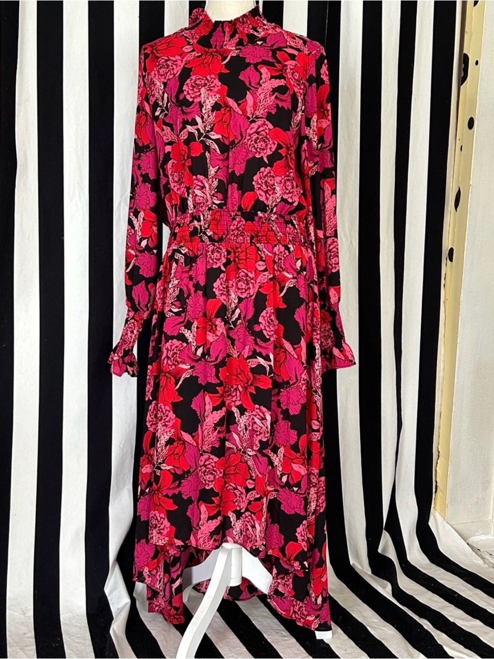 Nanette Lepore Pink and Black Floral Midi Dress 14